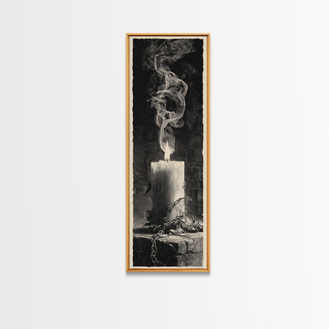 The Black Wax Candle, Architectural Etching Art, Tall Narrow Wall Art, Macabre Wall Art, Framed Canvas Print