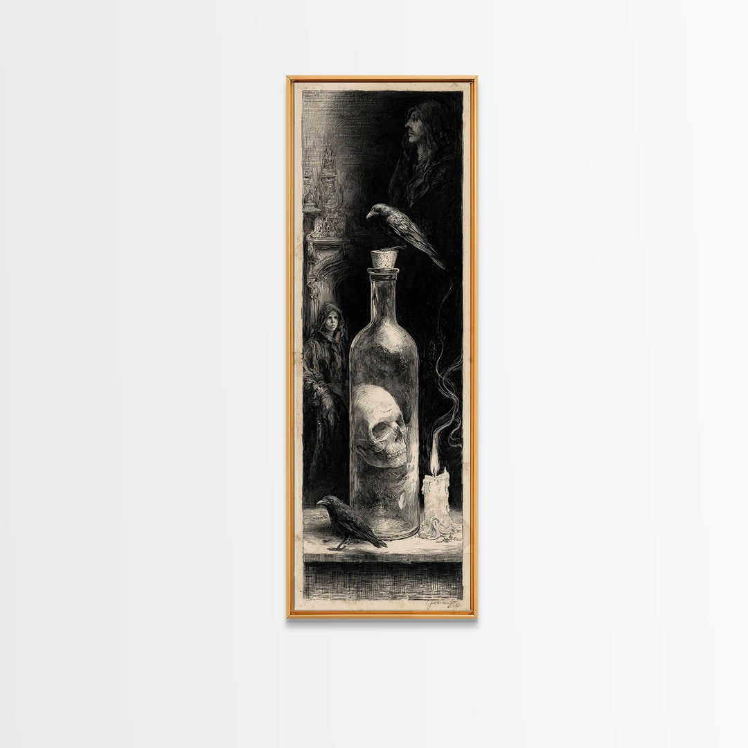 The Bottled Ghost, Gothic Engraving Art, Tall Narrow Wall Art, Macabre Wall Art, Framed Canvas Print, Halloween Wall Art