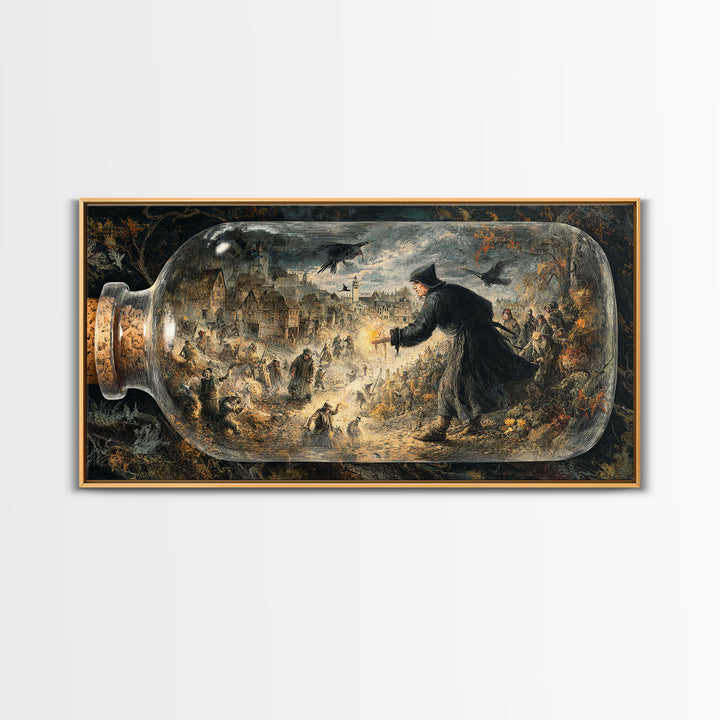 The Bottled Ghost, Northern Renaissance Horror, Wide Panoramic Art, Macabre Wall Art, Framed Canvas Print, Halloween Wall Art