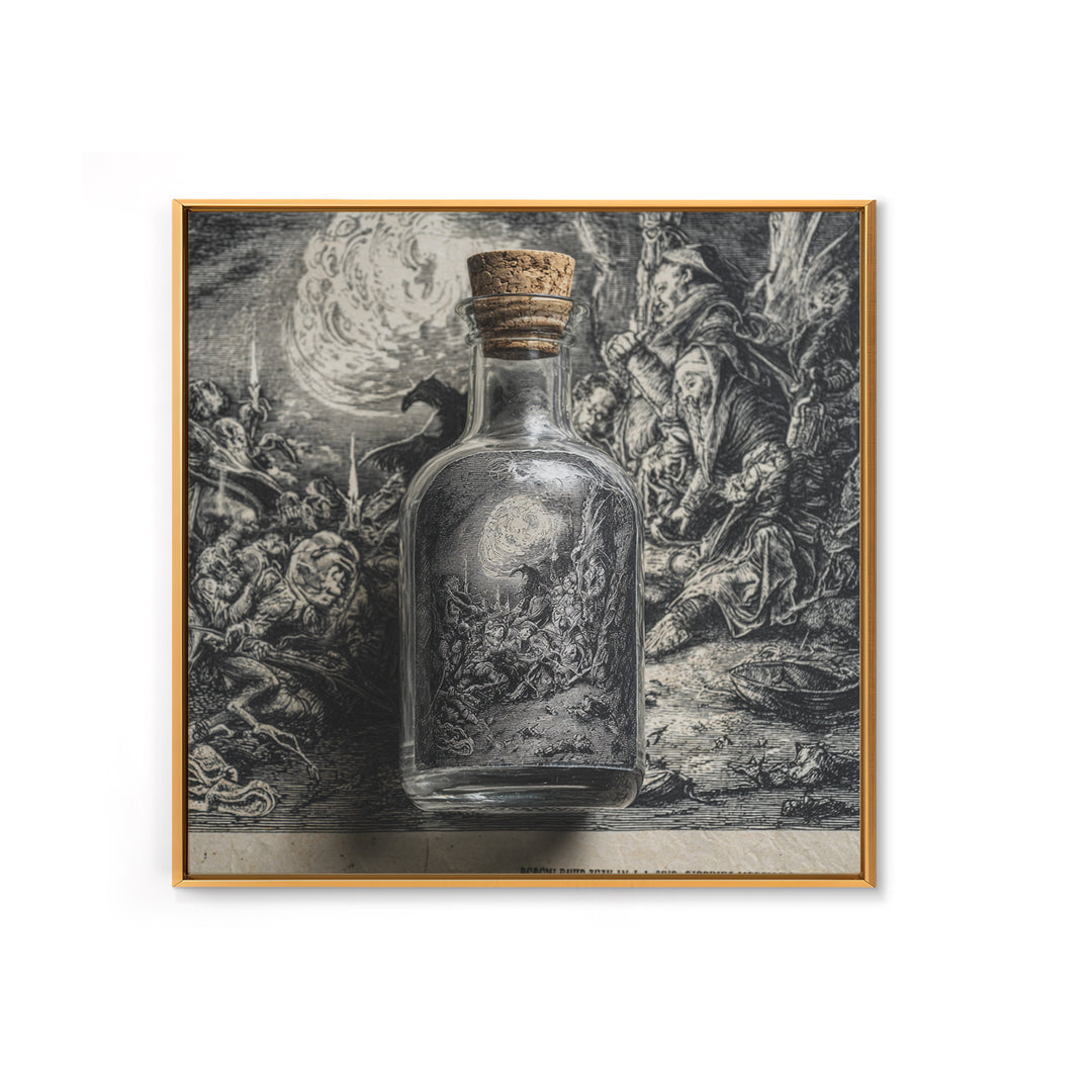 The Bottled Ghost, Renaissance Engraving Art, Square Wall Art, Dark Fantasy Wall Art, Framed Canvas Print, Halloween Wall Art