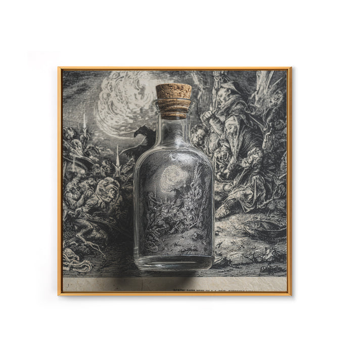 The Bottled Ghost, Renaissance Engraving Art, Square Wall Art, Dark Fantasy Wall Art, Framed Canvas Print, Halloween Wall Art
