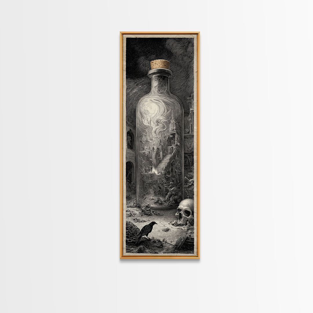 The Bottled Ghost, Architectural Etching Art, Tall Narrow Wall Art, Gothic Horror Wall Art, Canvas Print, Halloween Wall Art