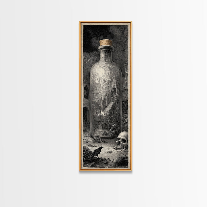 The Bottled Ghost, Architectural Etching Art, Tall Narrow Wall Art, Gothic Horror Wall Art, Canvas Print, Halloween Wall Art