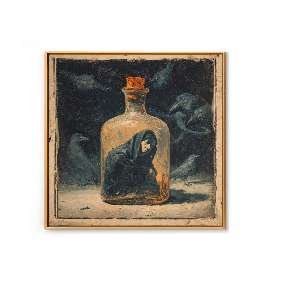 The Bottled Ghost, Dark Symbolist Art, Square Wall Art, Dark Halloween Decor, Canvas Print, Halloween Wall Art