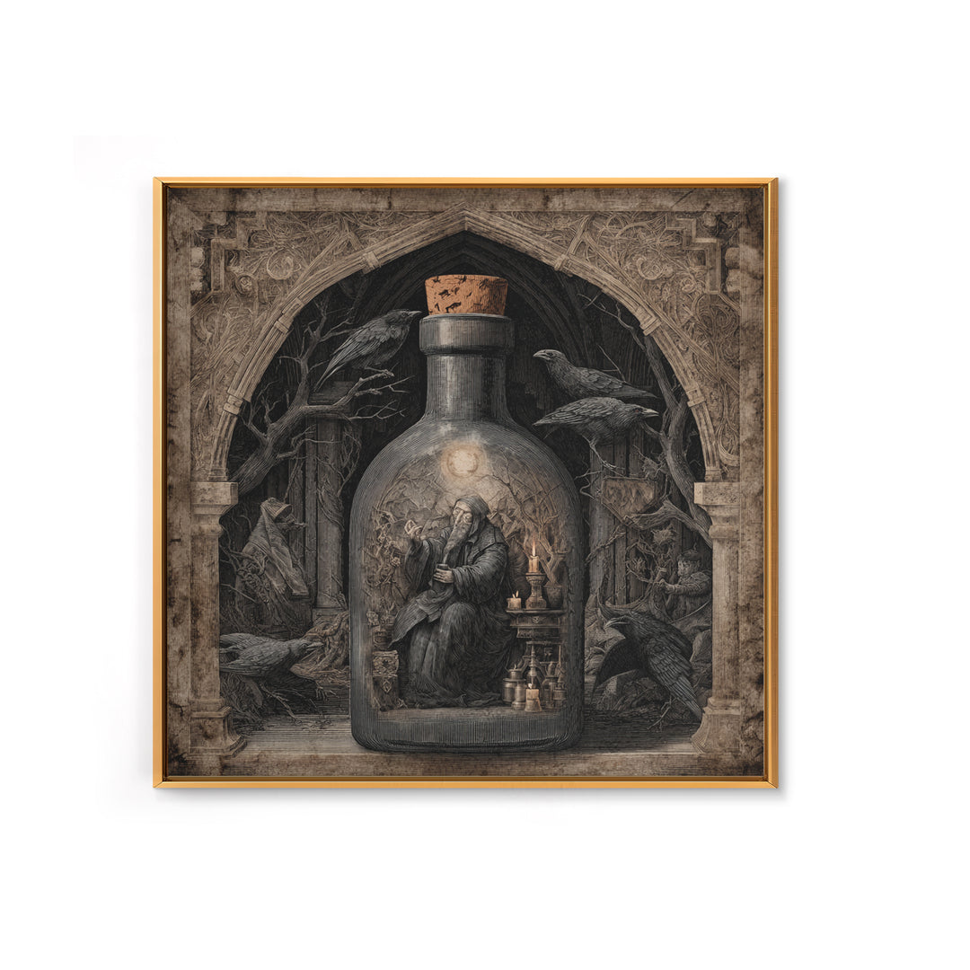 The Bottled Ghost, Symbolist Etching Art, Square Wall Art, Macabre Wall Art, Framed Canvas Print, Halloween Wall Art, Halloween Decor
