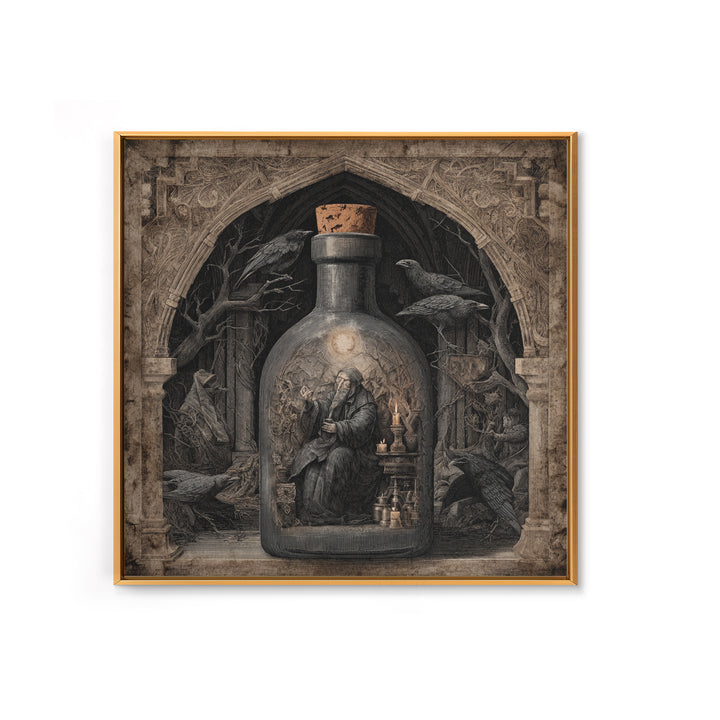 The Bottled Ghost, Symbolist Etching Art, Square Wall Art, Macabre Wall Art, Framed Canvas Print, Halloween Wall Art, Halloween Decor