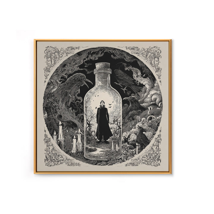 The Bottled Ghost, Decadent Line Art, Square Wall Art, Dark Fantasy Wall Art, Framed Canvas Print, Halloween Wall Art