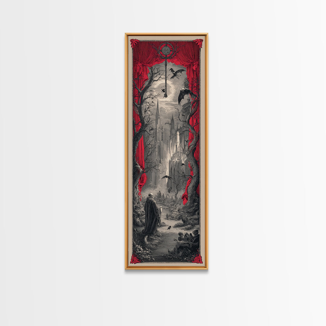 The Coffin Key, Gothic Engraving Art, Tall Narrow Wall Art, Macabre Wall Art, Framed Canvas Print, Halloween Wall Art, Halloween Decor