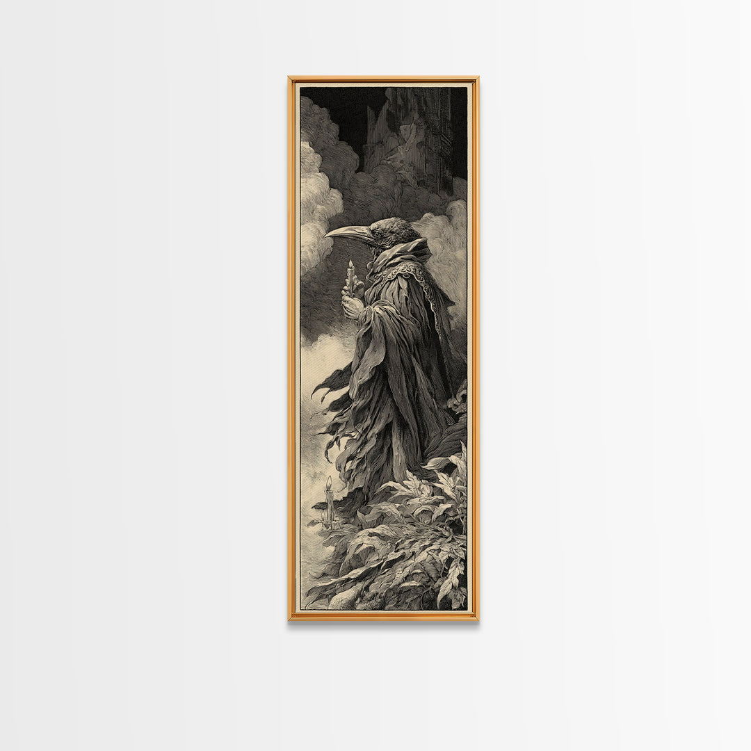 The Raven-Feather Quill, Gothic Engraving Art, Tall Narrow Wall Art, Dark Fantasy Wall Art, Framed Canvas Print, Halloween Wall Art