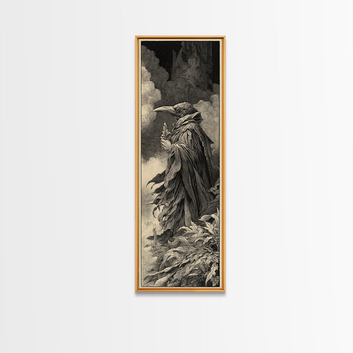 The Raven-Feather Quill, Gothic Engraving Art, Tall Narrow Wall Art, Dark Fantasy Wall Art, Framed Canvas Print, Halloween Wall Art