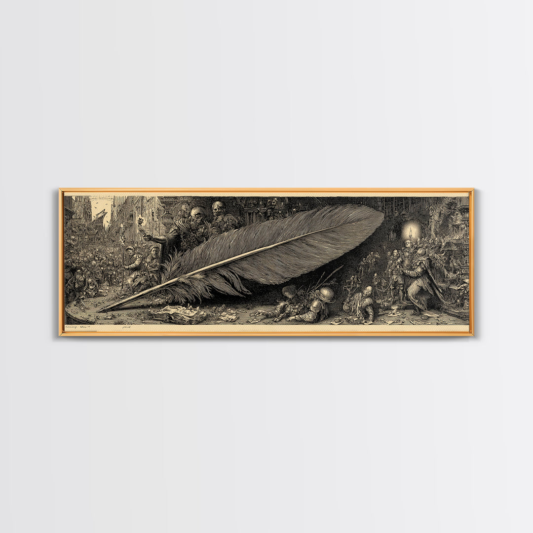 The Raven-Feather Quill, Medieval Grotesque Art, Extra Wide Wall Art, Dark Halloween Decor, Framed Canvas Print, Halloween Wall Art