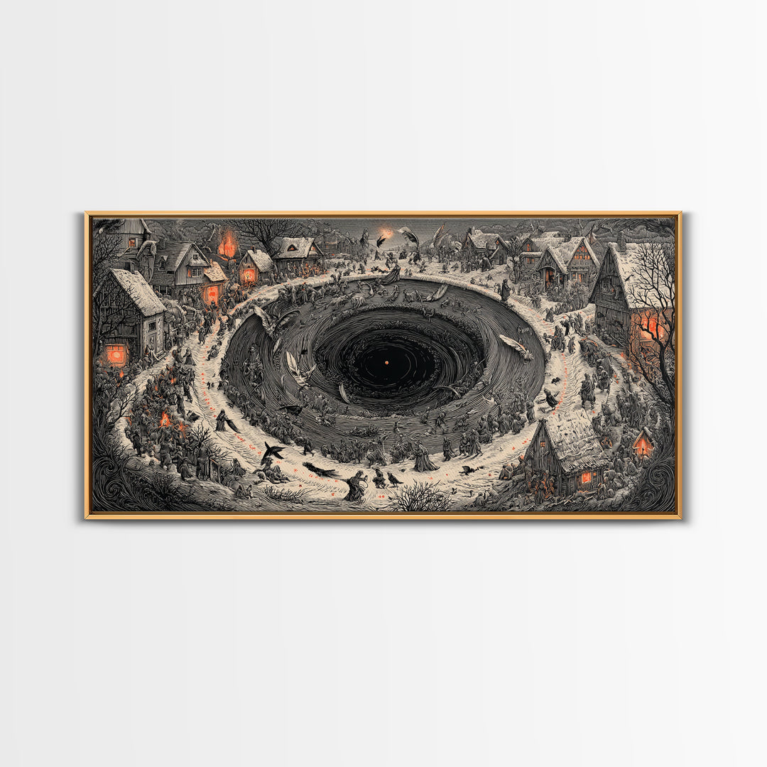The Raven-Feather Quill, Northern Renaissance Horror, Wide Panoramic Art, Gothic Horror Wall Art, Framed Canvas Print