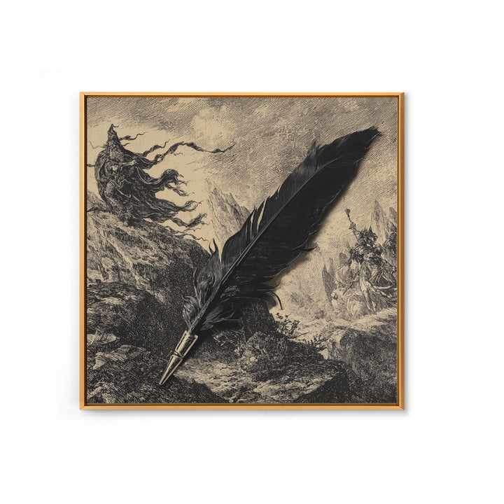 The Raven-Feather Quill, Baroque Witchcraft Art, Square Wall Art, Macabre Wall Art, Framed Canvas Print, Halloween Wall Art
