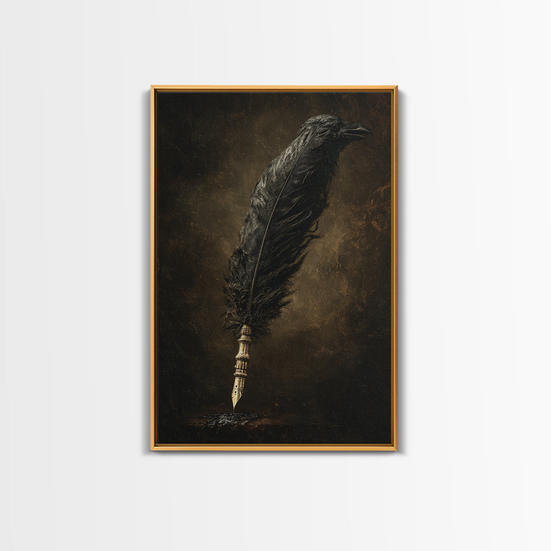 The Raven-Feather Quill, Dark Romantic Horror Art, Vertical Wall Art, Gothic Horror Wall Art, Framed Canvas Print, Halloween Wall Art