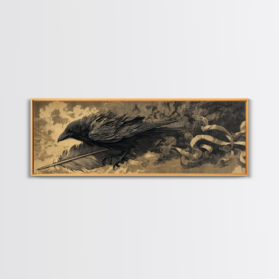 The Raven-Feather Quill, Apocalyptic Romantic Art, Extra Wide Wall Art, Dark Halloween Decor, Framed Canvas Print, Halloween Wall Art