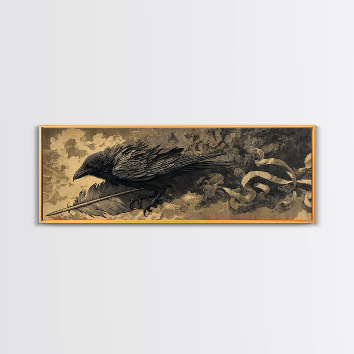 The Raven-Feather Quill, Apocalyptic Romantic Art, Extra Wide Wall Art, Dark Halloween Decor, Framed Canvas Print, Halloween Wall Art