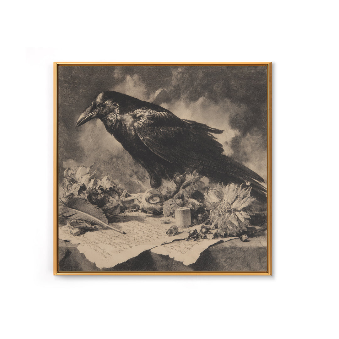 The Raven-Feather Quill, Symbolist Dream Art, Square Wall Art, Dark Halloween Decor, Framed Canvas Print, Halloween Wall Art