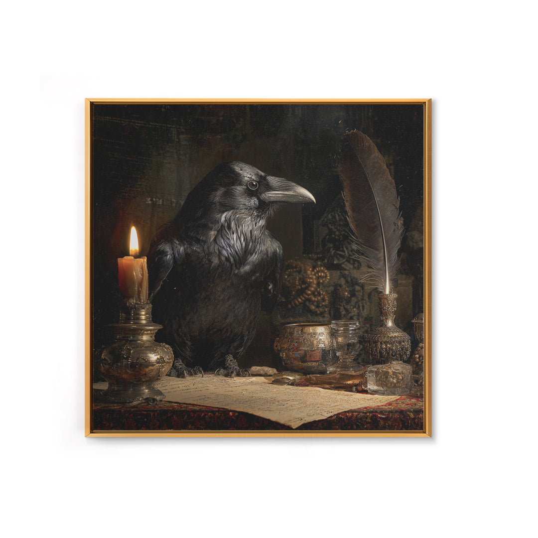The Raven-Feather Quill, Ornate Symbolist Art, Square Wall Art, Macabre Wall Art, Canvas Print, Halloween Wall Art, Gothic Home Decor