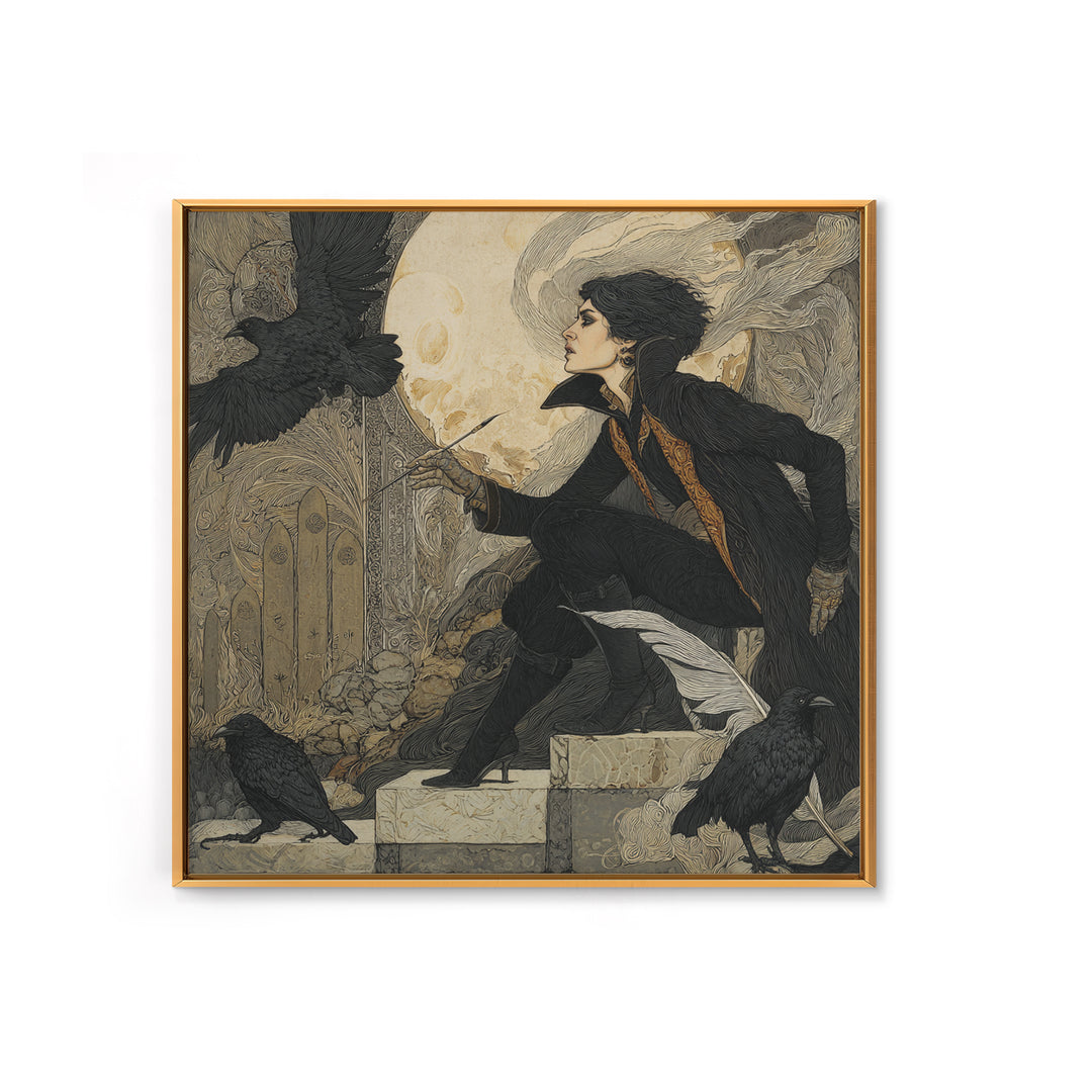 The Raven-Feather Quill, Symbolist Death Art, Square Wall Art, Gothic Horror Wall Art, Canvas Print, Halloween Wall Art