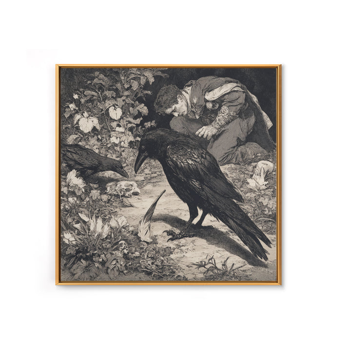 The Raven-Feather Quill, Symbolist Etching Art, Square Wall Art, Gothic Horror Wall Art, Framed Canvas Print, Halloween Wall Art