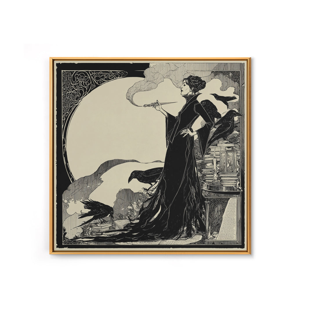 The Raven-Feather Quill, Decadent Line Art, Square Wall Art, Dark Fantasy Wall Art, Framed Canvas Print, Halloween Wall Art