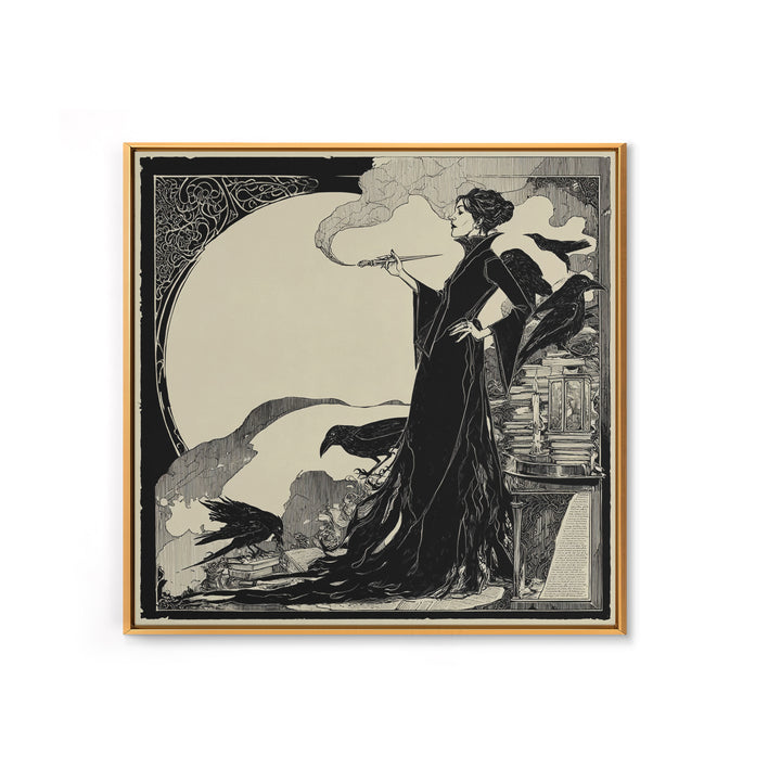 The Raven-Feather Quill, Decadent Line Art, Square Wall Art, Dark Fantasy Wall Art, Framed Canvas Print, Halloween Wall Art