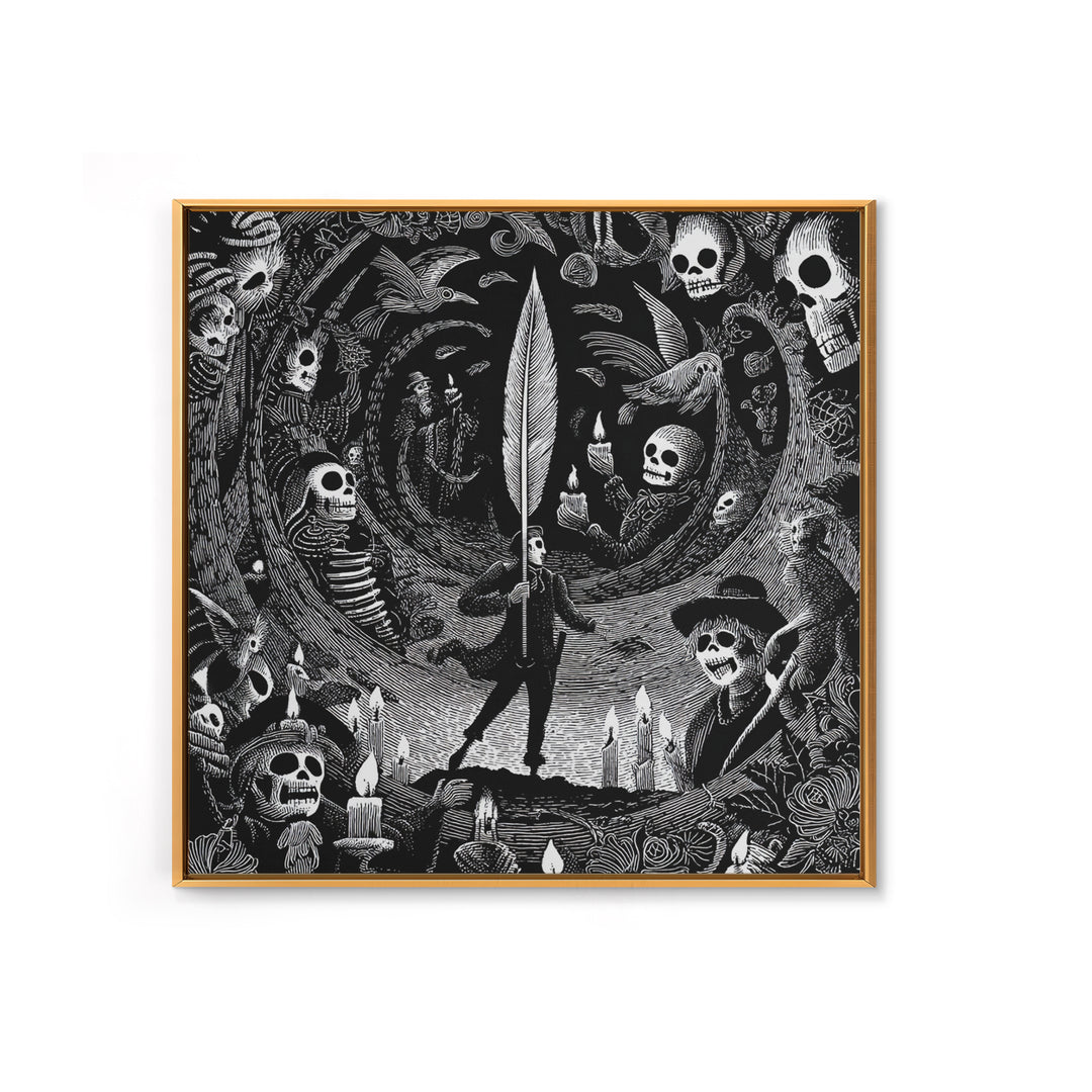 The Raven-Feather Quill, Macabre Folk Print Art, Square Wall Art, Gothic Horror Wall Art, Canvas Print, Halloween Wall Art