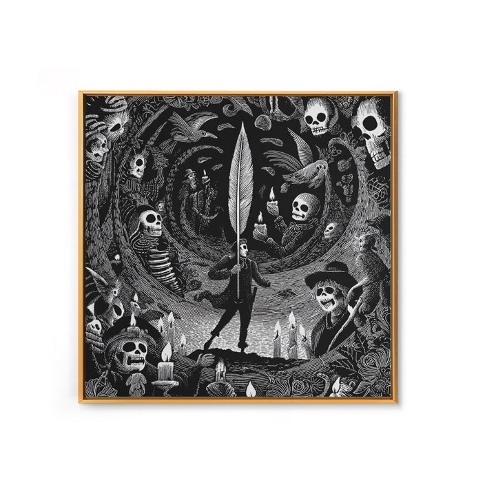 The Raven-Feather Quill, Macabre Folk Print Art, Square Wall Art, Gothic Horror Wall Art, Canvas Print, Halloween Wall Art