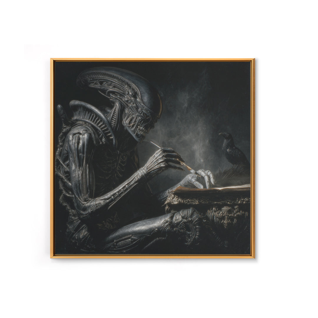 The Raven-Feather Quill, Biomechanical Horror Art, Square Wall Art, Macabre Wall Art, Canvas Print, Halloween Wall Art, Horror Wall Art