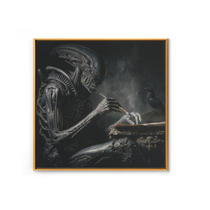 The Raven-Feather Quill, Biomechanical Horror Art, Square Wall Art, Macabre Wall Art, Canvas Print, Halloween Wall Art, Horror Wall Art