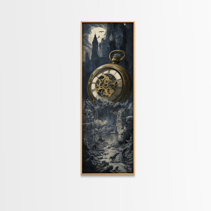 The Cursed Pocket Watch, Gothic Engraving Art, Tall Narrow Wall Art, Dark Halloween Decor, Framed Canvas Print, Halloween Wall Art
