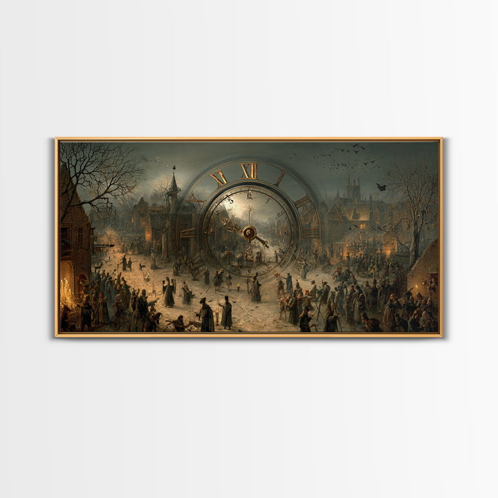 The Cursed Pocket Watch, Northern Renaissance Horror, Wide Panoramic Art, Dark Halloween Decor, Framed Canvas Print
