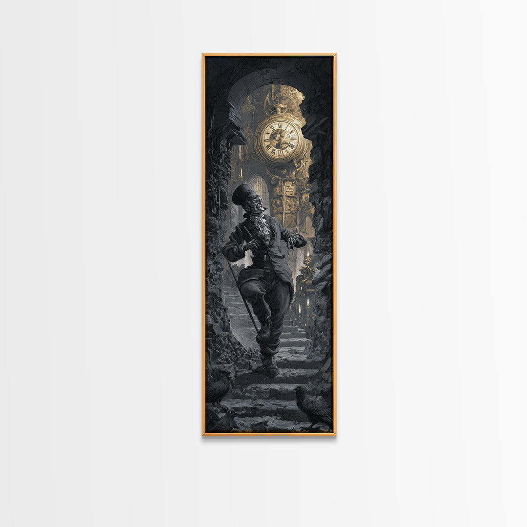 The Cursed Pocket Watch, Architectural Etching Art, Tall Narrow Wall Art, Dark Halloween Decor, Framed Canvas Print