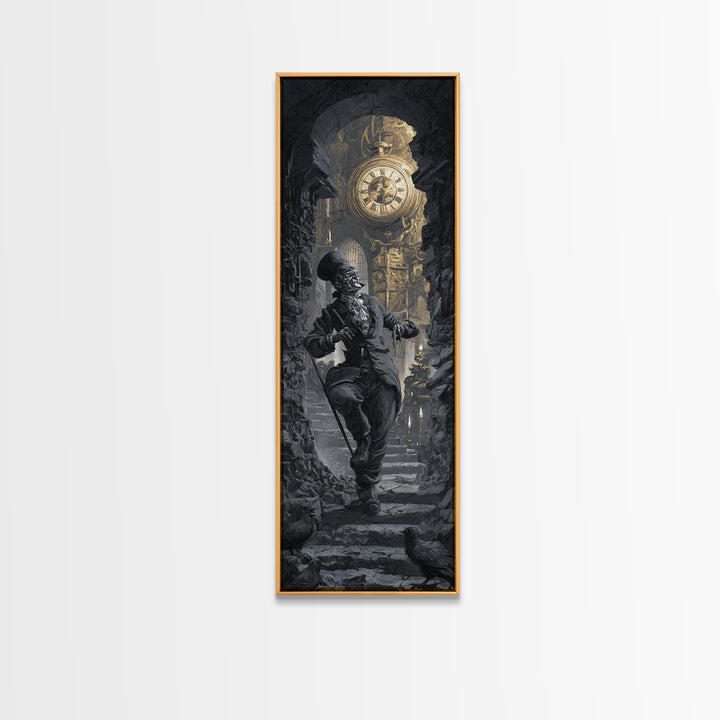 The Cursed Pocket Watch, Architectural Etching Art, Tall Narrow Wall Art, Dark Halloween Decor, Framed Canvas Print
