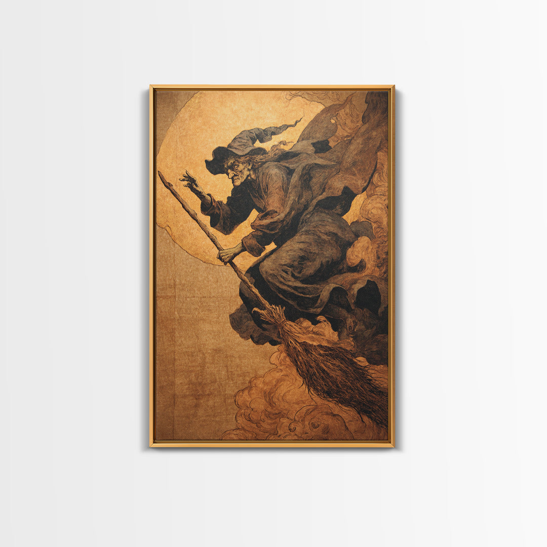 The Witch'S Broom, Dark Renaissance Art, Vertical Wall Art, Dark Fantasy Wall Art, Canvas Print, Halloween Wall Art
