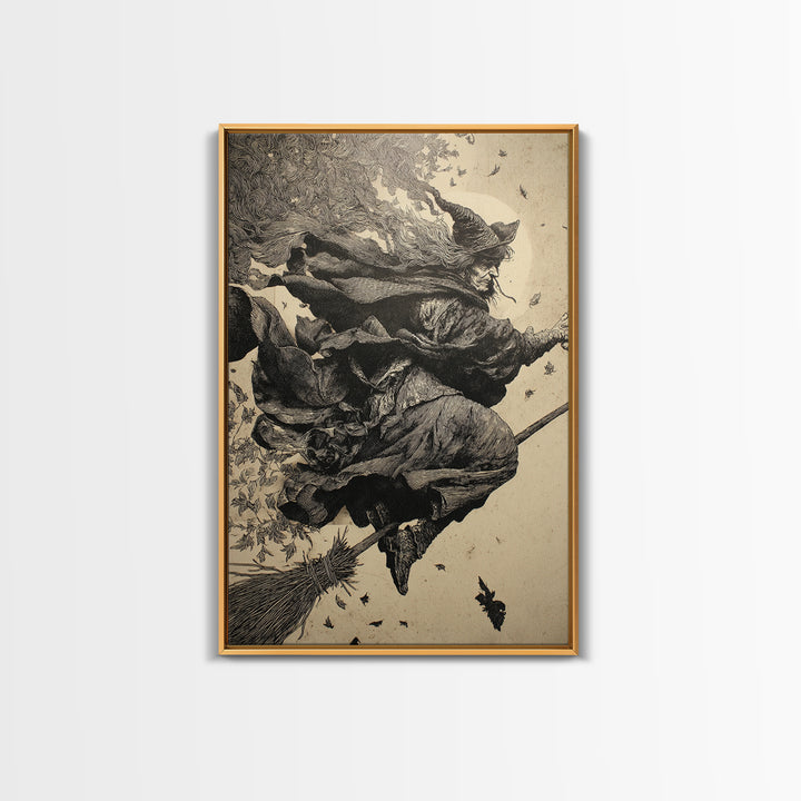 The Witch'S Broom, Renaissance Engraving Art, Vertical Wall Art, Gothic Horror Wall Art, Canvas Print, Halloween Wall Art