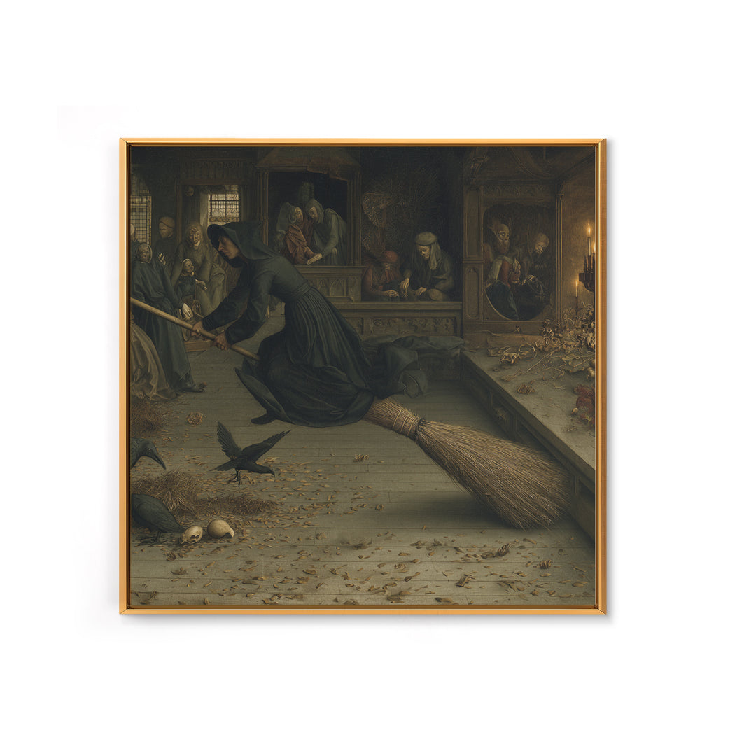 The Witch'S Broom, Danse Macabre Art, Square Wall Art, Dark Halloween Decor, Framed Canvas Print, Halloween Wall Art