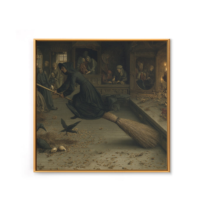 The Witch'S Broom, Danse Macabre Art, Square Wall Art, Dark Halloween Decor, Framed Canvas Print, Halloween Wall Art