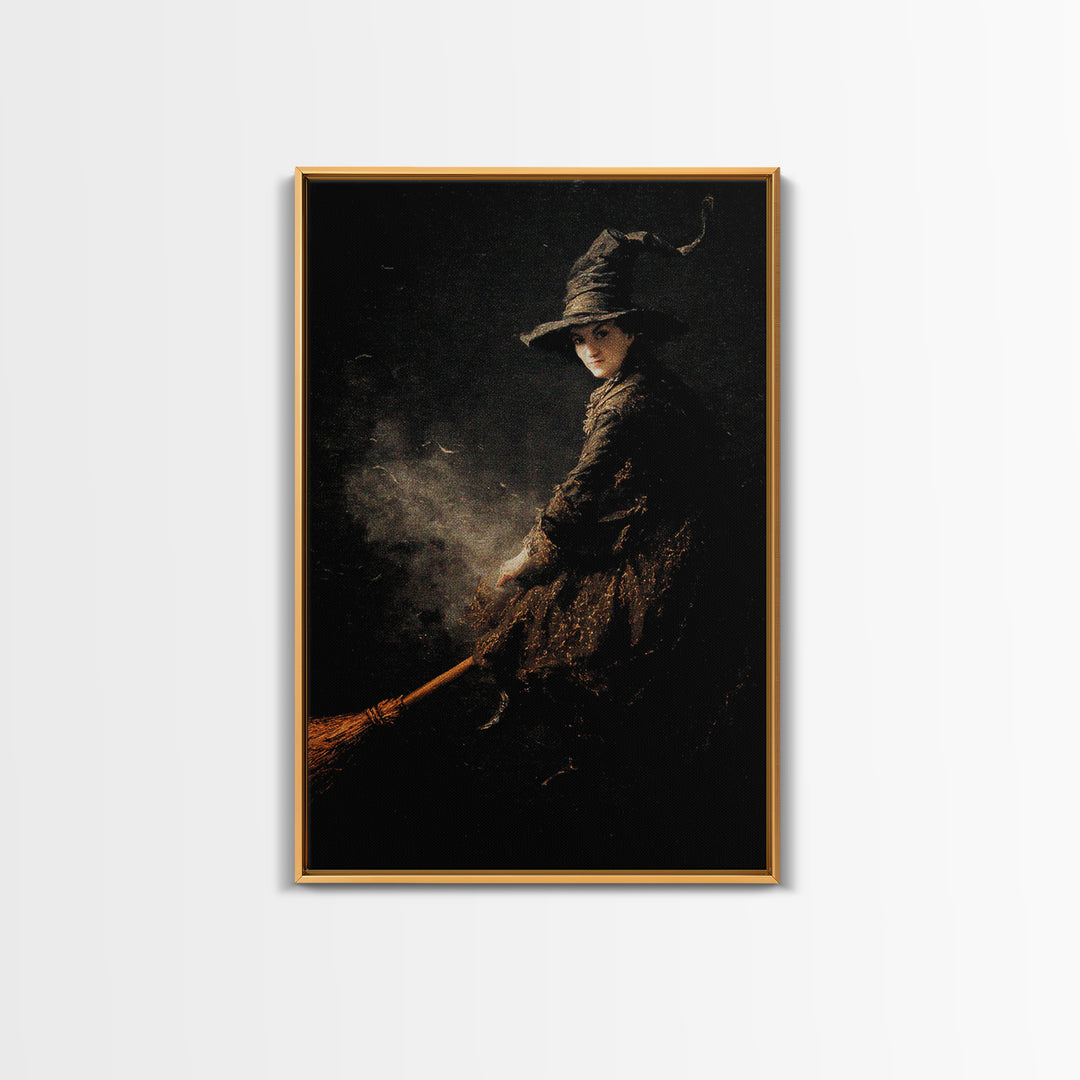 The Witch'S Broom, Dark Romantic Horror Art, Vertical Wall Art, Dark Halloween Decor, Framed Canvas Print, Halloween Wall Art
