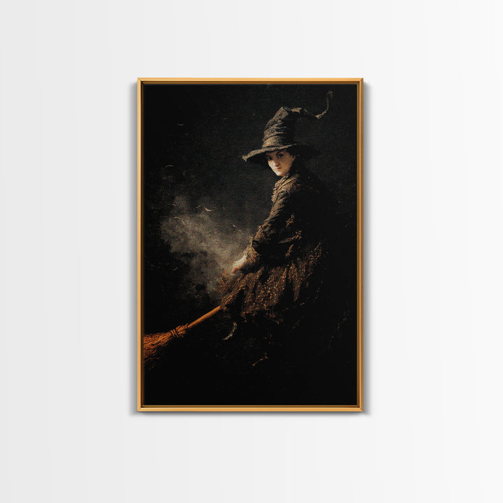 The Witch'S Broom, Dark Romantic Horror Art, Vertical Wall Art, Dark Halloween Decor, Framed Canvas Print, Halloween Wall Art