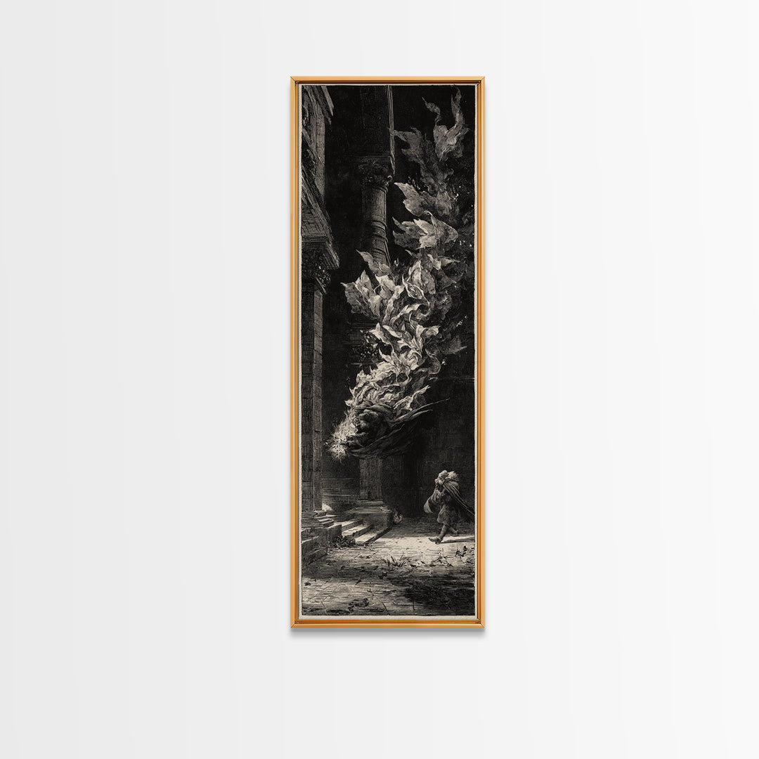 The Witch'S Broom, Architectural Etching Art, Tall Narrow Wall Art, Dark Fantasy Wall Art, Framed Canvas Print