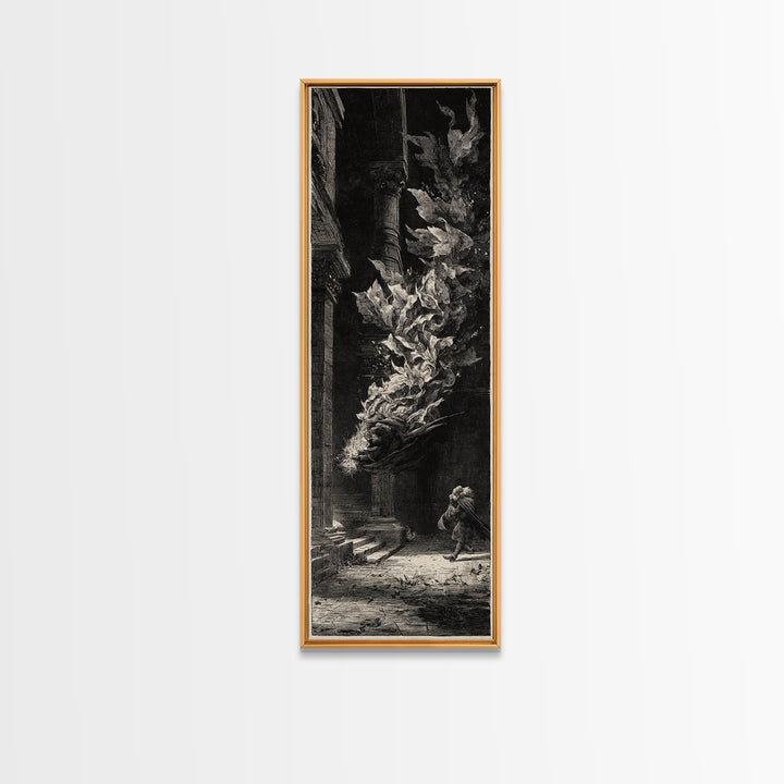 The Witch'S Broom, Architectural Etching Art, Tall Narrow Wall Art, Dark Fantasy Wall Art, Framed Canvas Print