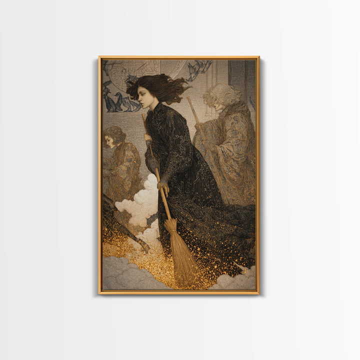 The Witch'S Broom, Symbolist Death Art, Vertical Wall Art, Macabre Wall Art, Framed Canvas Print, Halloween Wall Art