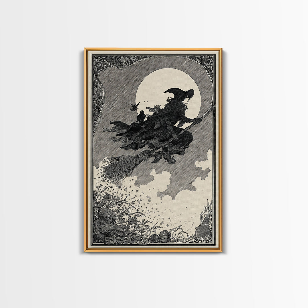 The Witch'S Broom, Decadent Line Art, Vertical Wall Art, Macabre Wall Art, Canvas Print, Halloween Wall Art, Gothic Home Decor