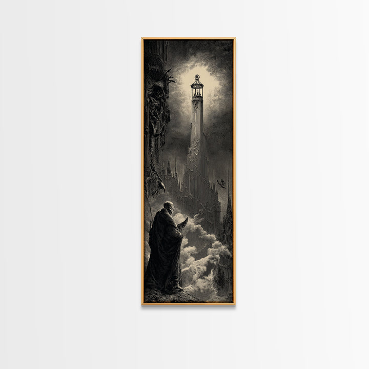 The Bone-Handled Lantern, Gothic Engraving Art, Tall Narrow Wall Art, Dark Halloween Decor, Framed Canvas Print, Halloween Wall Art