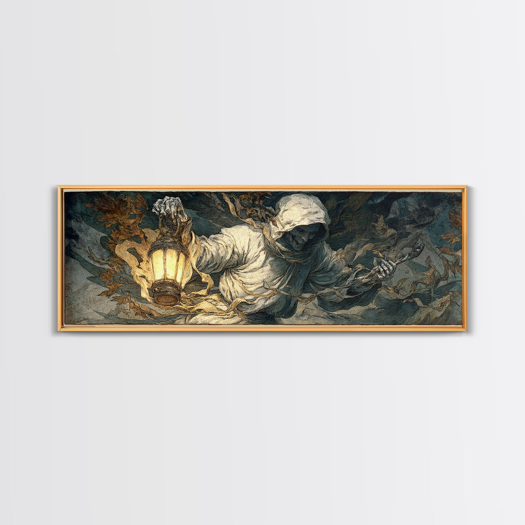 The Bone-Handled Lantern, Visionary Gothic Art, Extra Wide Wall Art, Dark Halloween Decor, Canvas Print, Halloween Wall Art