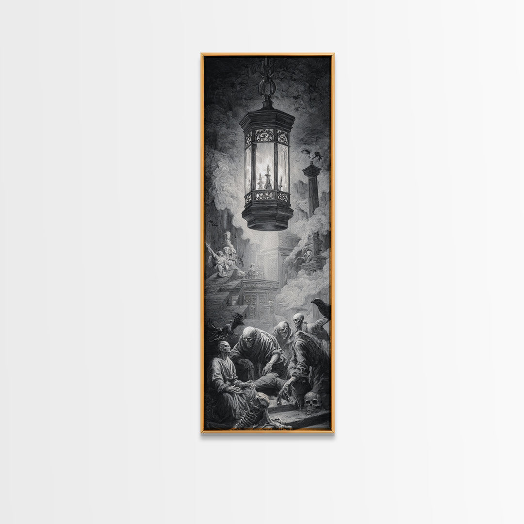 The Bone-Handled Lantern, Architectural Etching Art, Tall Narrow Wall Art, Dark Fantasy Wall Art, Framed Canvas Print