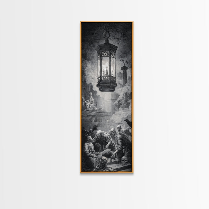 The Bone-Handled Lantern, Architectural Etching Art, Tall Narrow Wall Art, Dark Fantasy Wall Art, Framed Canvas Print