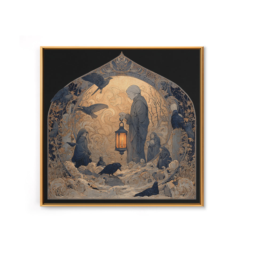The Bone-Handled Lantern, Symbolist Death Art, Square Wall Art, Dark Halloween Decor, Framed Canvas Print, Halloween Wall Art