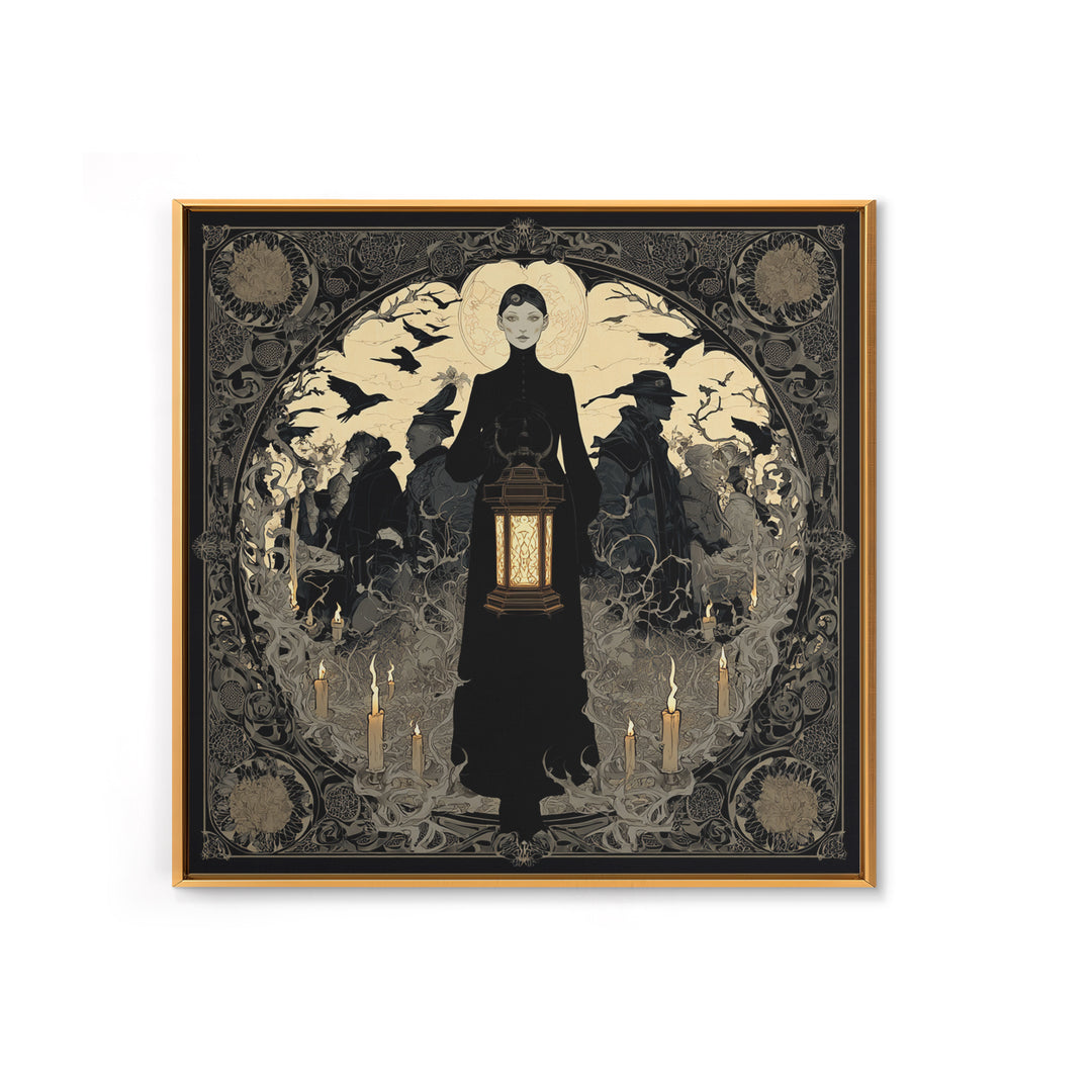 The Bone-Handled Lantern, Decadent Line Art, Square Wall Art, Gothic Horror Wall Art, Framed Canvas Print, Halloween Wall Art
